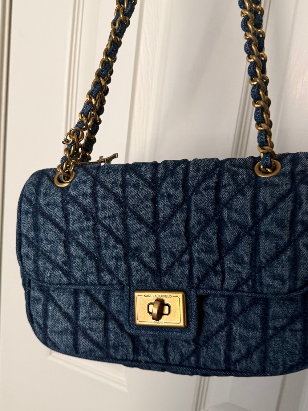 🔥 Karl Lagerfeld Quilted Denim Shoulder Bag with Gold Hardware
